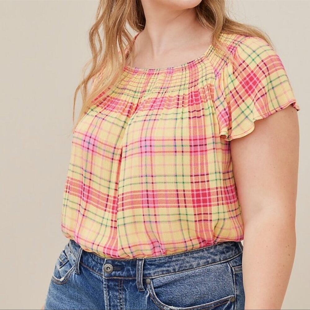 Torrid Smocked Plaid Blouse Pink Yellow Gauze Size 2